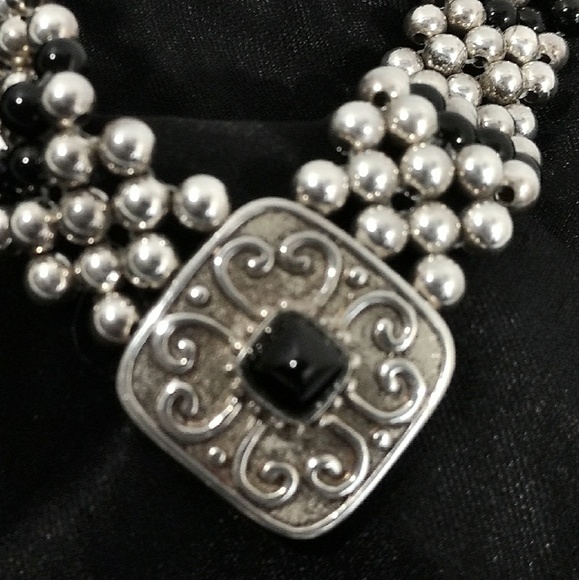 Vintage Taxco Signed Sterling Silver Onyx Beaded Choker Necklace - Picture 3 of 8